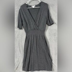 Liz Claiborne XL Charcoal Gray Knit Sweater Dress Faux Wrap V-Neck Short Sleeve